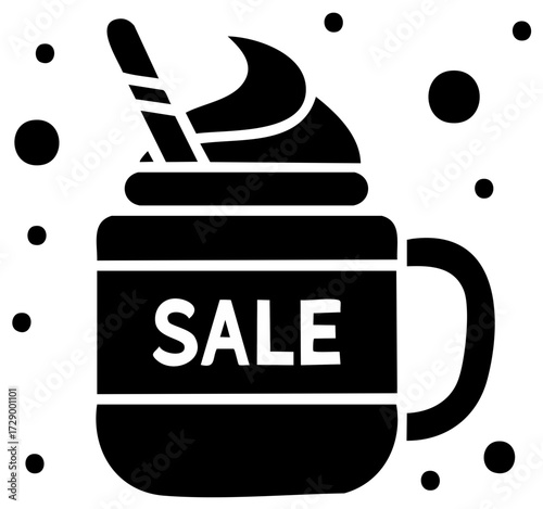 Sale concept of a coffee cup with whipped cream and a swizzle stick, festive dots