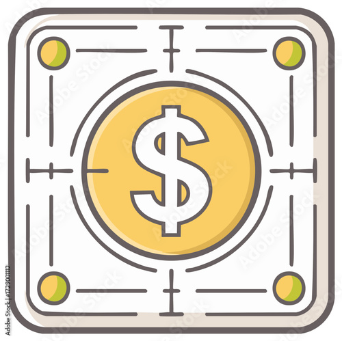 Hand drawn dollar coin in target crosshairs representing financial goals and investment focus