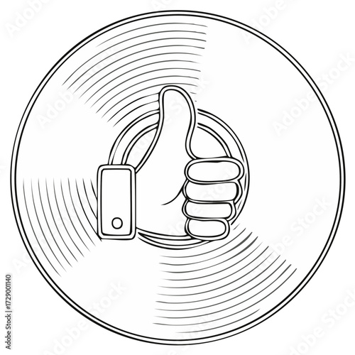 Outline Thumbs Up Hand Gesture on Retro Vinyl Record Disk Symbolizing Music and Approval