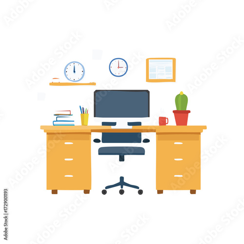 Vector illustration of an office room interior with a modern wooden desk, chair, computer, and bookshelf against a wall
