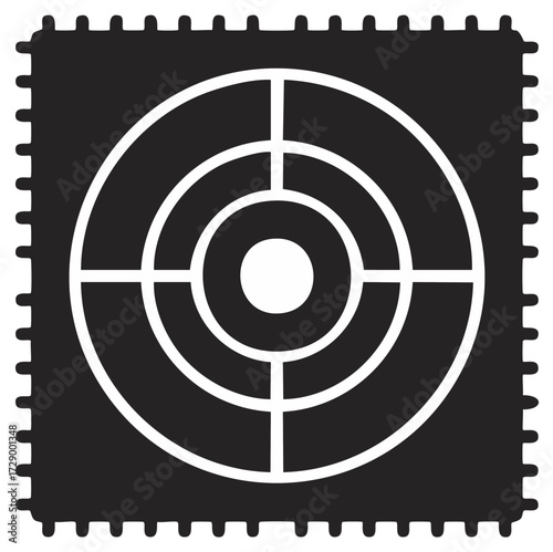 Target Icon on a Square with Jagged Edge, Aiming Circle for Precision, Black and White