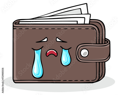 Crying cartoon wallet character with sad face representing poverty and financial crisis