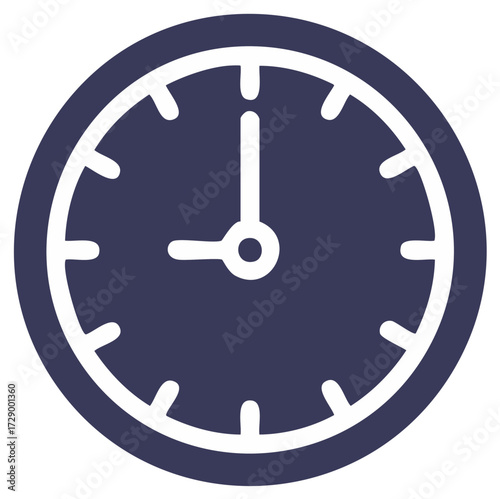 Simple Round Wall Clock Illustration Showing Nine O'Clock, Indigo Border and White Hands