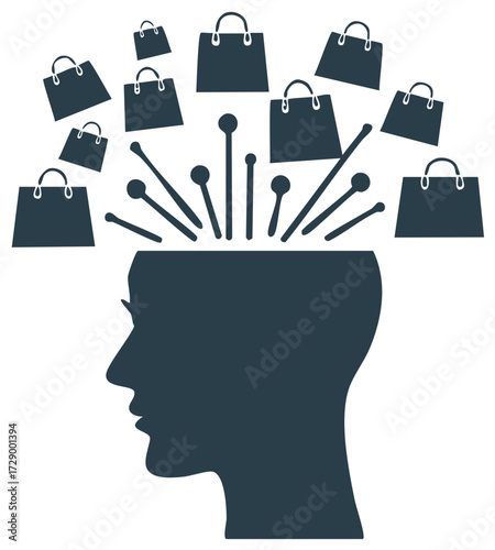 Silhouette of a Head Bursting with Shopping Bags and Ideas Abstract Concept
