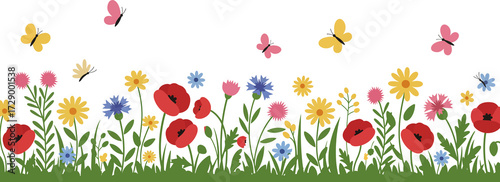 Flat Vector Illustration of Summer Wildflower Meadow Border with Butterflies