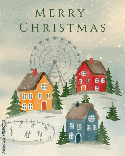 Christmas winter village illustration with colorful houses, Ferris wheel, ice skating rink, snow, and pine trees. Festive holiday card design, New Year greeting, seasonal decoration and celebration