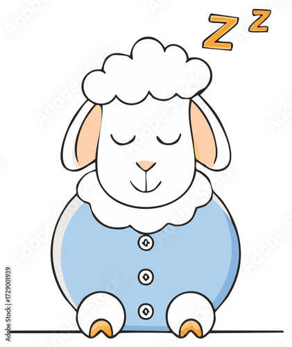 Cartoon sheep sleeping in pajamas, cute animal illustration for children, dreaming, bedtime.