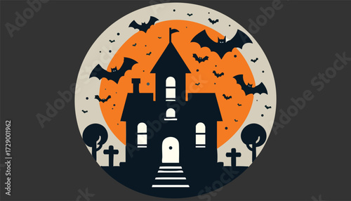 A haunted house silhouette with bats flying around