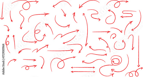 Dynamic collection of hand drawn red arrows and directional symbols for creative projects and visual communication, adding emphasis and flow.