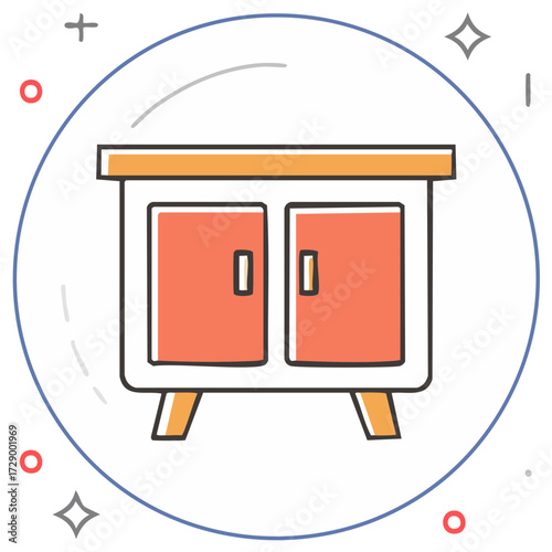 Hand drawn cartoon icon of a retro sideboard cabinet with two doors for home furnishing and interior design