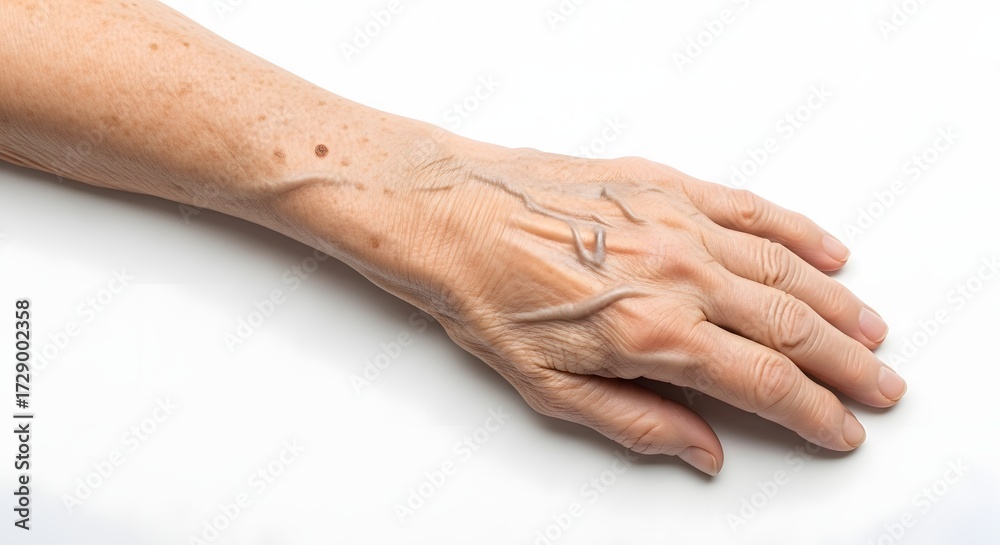 Fototapeta premium Close-up of an elderly woman's hand resting on a white surface, showcasing skin texture and veins