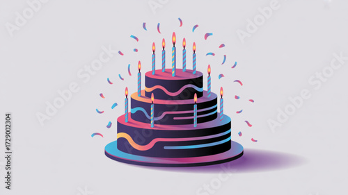 Three tiered birthday cake with candles and confetti for party celebration and special occasion vector design