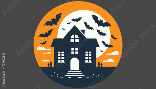 A haunted house silhouette with bats flying around