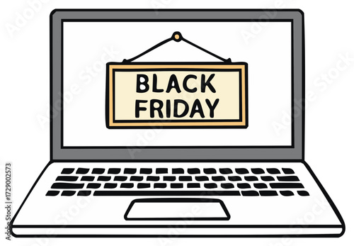 Laptop with Black Friday banner display, online shopping deals, promotion on the screen, retail sales event for advertising