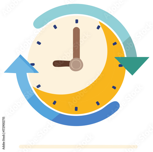 Clock with Arrows Depicting Circular Flow of Time and Repetition Cycles for Project Management