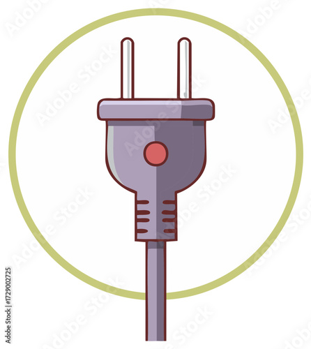 Flat design vector icon of a two-pin electric power plug with cord in a circular frame
