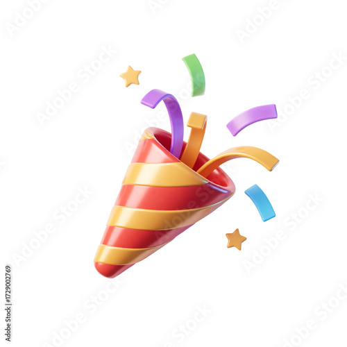 Vibrant Party Popper Cracker Confetti Explosion 3D Render Icon Illustration Cute Cartoon Style Fun Celebration