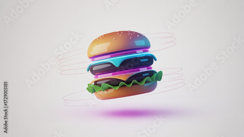 Delicious burger with neon toppings illustration for food blog and fast food restaurant advertising design