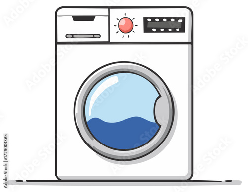 Modern white front load washing machine with round glass door and water inside illustration