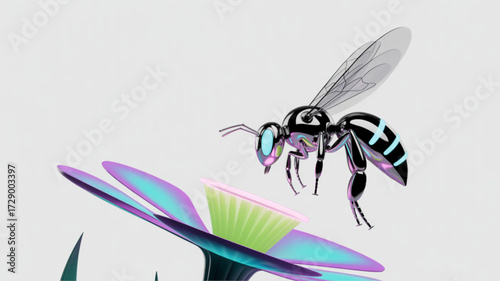 Shiny metallic bee pollinating flower illustration insect nature wildlife art design render graphic drawing 3d