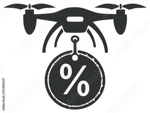 Drone delivering a discount percentage tag for online sales and special offers