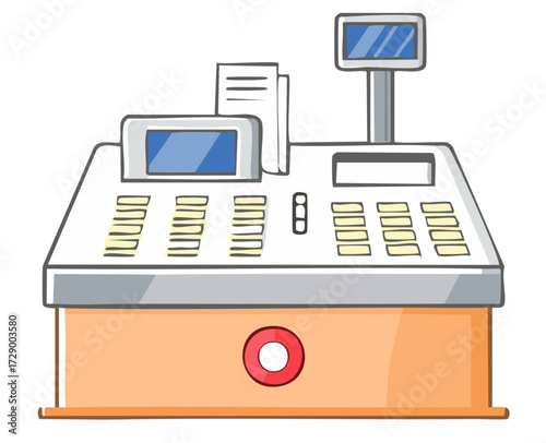 Cartoon Cash Register Till Point of Sale Machine Checkout Counter with Screen and Keys