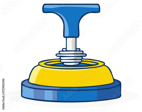 Vector illustration of a plunger with a blue handle and a yellow base sitting on a white background