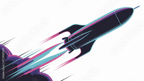 Illustration of a dark blue rocket launch with smoke trails for space exploration and technology projects