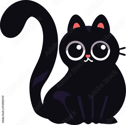 A black cat with big round eyes and a curled tail