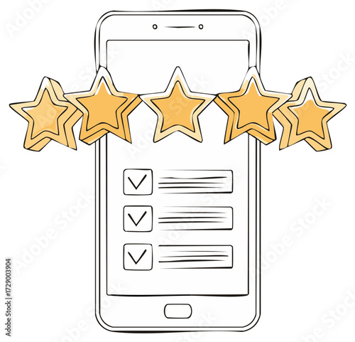 Phone with Review Stars and Checkmarks Displayed on the Screen  Vector Illustration
