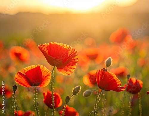 Red Poppies in a Field at Sunset