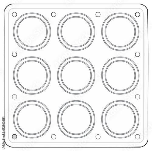 Nine-well cell culture plate for scientific research with circles, containers, and a square design, top view