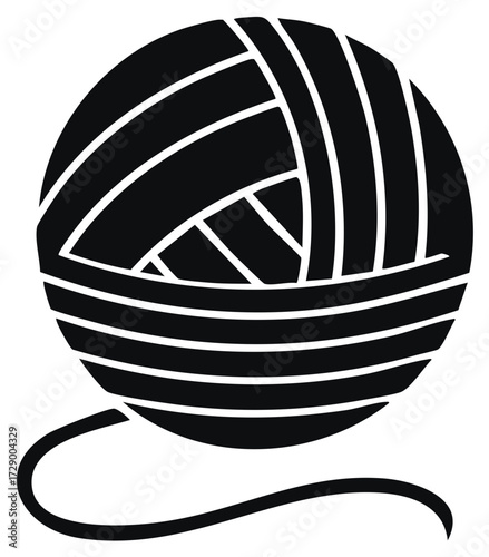 Black silhouette of tangled yarn ball with thread tail icon.  Knitting supply concept.