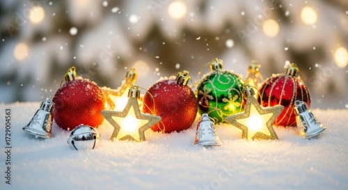 Christmas ornaments and bells sparkle in the snow creating a festive holiday scene