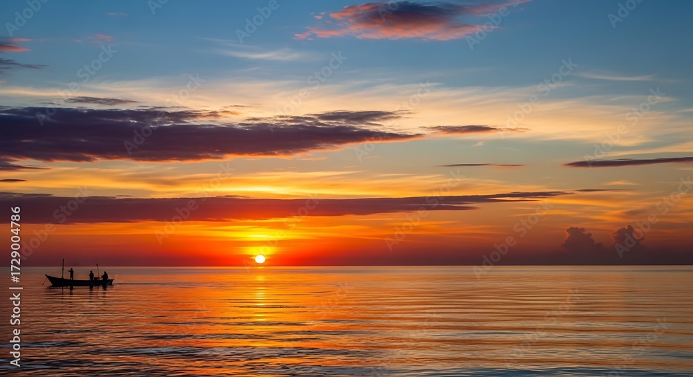 Fototapeta premium Serene maritime sunset painting sky with vibrant colors, fishermen returning home capturing the tranquil atmosphere of