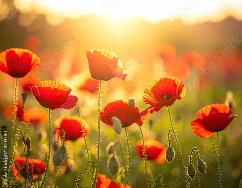 Red Poppies in Sunset Field
