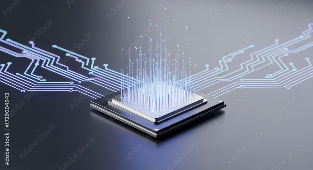 Fototapeta premium Futuristic microchip processor with glowing blue circuitry and data streams emanating outward on a dark reflective surface
