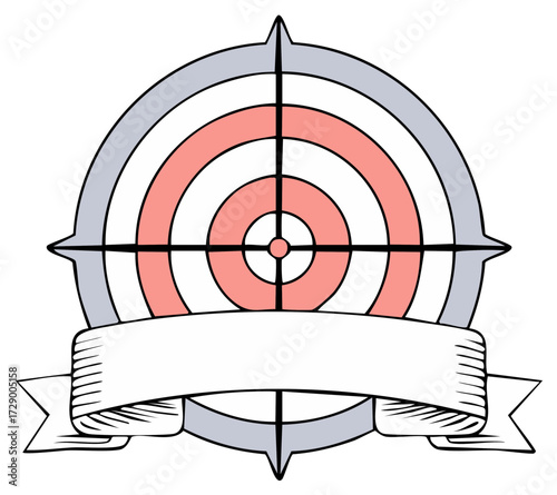 Circular Shooting Target Emblem with Blank Banner and Compass Rose Design