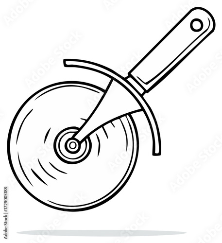 Simple line art drawing of a pizza cutter with a circular blade and ergonomic handle