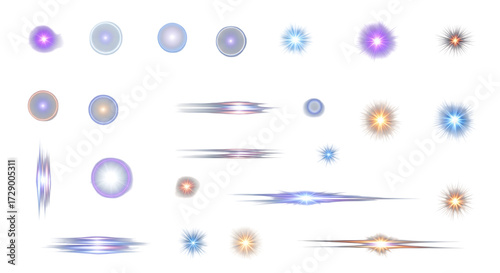 3D Transparent glow light effects  lens flare pieces isolated on white background