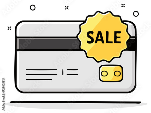 Doodle style credit card featuring a 'SALE' tag for promotions, discounts, and online shopping offers