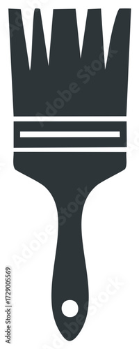Simple graphic of a dark gray paint brush, isolated on a white backdrop, construction and decorating