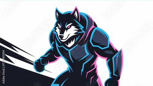 Illustration of a muscular wolf character for gaming logo or mascot design with neon highlights and dark tones