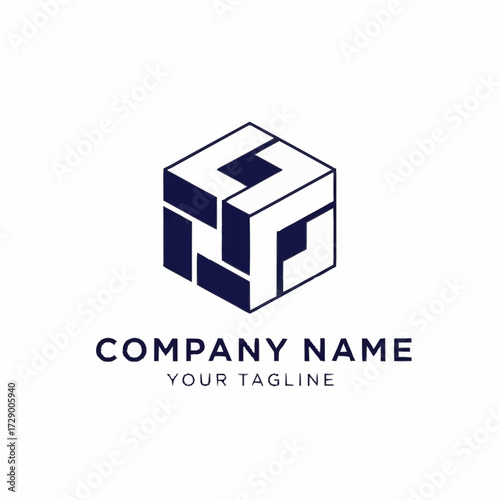Abstract geometric logo featuring a cube-like shape constructed from interlocking dark blue and white elements on a white background.