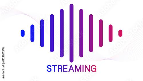 Gradient streaming text with colorful sound wave bars on white background, symbolizing online media, audio, frequency, and digital broadcasting