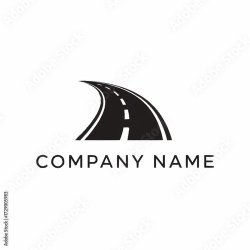 Minimalist logo design featuring a stylized black road with a white center line, curving upwards, above the placeholder text "COMPANY NAME".