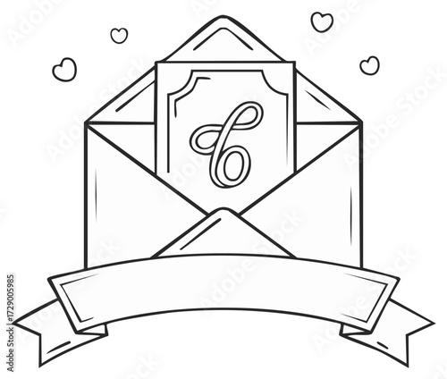 Outline Envelope Holding Elegant Invitation with Hearts and Ribbon Banner Decoration