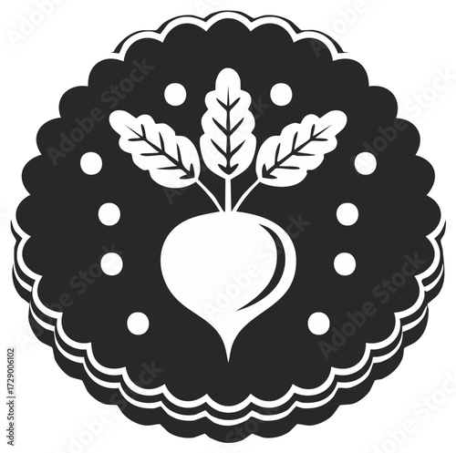 Stylized beet with green leaves and polka dots on a scalloped background in black and white