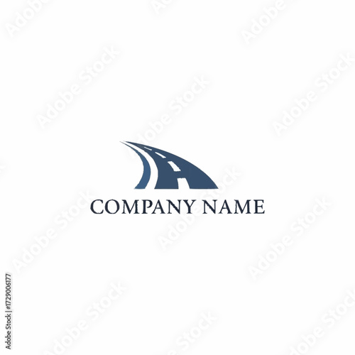 A stylized dark blue road curving into the distance, symbolizing travel and progress, with "COMPANY NAME" text below.