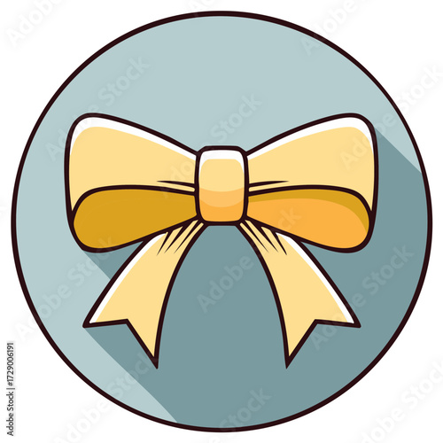Decorative yellow bow tie design on a muted blue circular background with a shadow effect